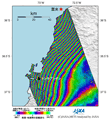 2010年2月27日15時34分頃(日本時間)に発生したチリ中部の沿岸地震に伴う地殻変動を検出するため、陸域観測技術衛星「だいち」(ALOS)搭載のLバンド合成開口レーダ(PALSAR；パルサー)により地震後の観測画像(2010年3月14日)と地震前(2007年12月7日)に取得した同じ軌道からの画像を使用して作成した差分干渉処理画像