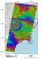 陸域観測技術衛星「だいち」(ALOS)搭載のLバンド合成開口レーダ(PALSAR；パルサー)による平成20年6月24日の観測画像と平成18年6月19日に取得した同じ軌道からの画像を使用した差分干渉処理画像