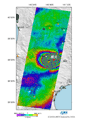 陸域観測技術衛星「だいち」(ALOS)搭載のLバンド合成開口レーダ(PALSAR；パルサー)による平成20年7月11日の観測画像と平成18年7月8日に取得した同じ軌道からの画像を使用した差分干渉処理画像