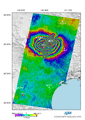 陸域観測技術衛星「だいち」(ALOS)搭載のLバンド合成開口レーダ(PALSAR；パルサー)による平成20年7月16日の観測画像と平成19年8月29日に取得した同じ軌道からの画像を使用した差分干渉処理画像