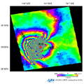 陸域観測技術衛星「だいち」(ALOS)搭載のLバンド合成開口レーダ(PALSAR；パルサー)による平成20年6月23日の観測画像と平成19年6月21日に取得した同じ軌道からの画像を使用した差分干渉処理画像の変動が大きかった領域約70km×70km部分