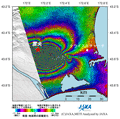 2010年9月4日1時35分頃(日本時間)に発生したニュージーランド南部・クライストチャーチ近郊の地震に伴う地殻変動を検出するため、陸域観測技術衛星「だいち」(ALOS)搭載のLバンド合成開口レーダ(PALSAR；パルサー)により地震後の観測画像(2010年9月11日)と地震前(2008年3月5日)に取得した同じ軌道からの画像を使用して作成した差分干渉処理画像