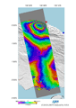 陸域観測技術衛星「だいち」(ALOS)搭載のＬバンド合成開口レーダ(PALSAR；パルサー)によるインドネシア東部・ニューギニア島の平成21年1月14日(地震後)観測画像と平成20年10月14日(地震前)に取得した同じ軌道からの画像を使用し、地震前と地震後の画像を比較した差分干渉画像