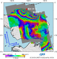 陸域観測技術衛星「だいち」(ALOS)搭載のＬバンド合成開口レーダ(PALSAR；パルサー)によるインドネシア東部・ニューギニア島の地震前と地震後の画像を比較した差分干渉画像