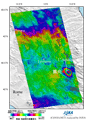 陸域観測技術衛星「だいち」(ALOS)搭載のＬバンド合成開口レーダ(PALSAR；パルサー)によるイタリア中部の平成21年4月23日(地震後)観測画像と平成20年7月21日(地震前)に取得した同じ軌道からの画像を使用し、地震前と地震後の画像を比較した差分干渉画像