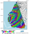 2009年7月15日に発生したニュージーランド南西部地震震央付近の領域を陸域観測技術衛星「だいち」(ALOS)搭載のLバンド合成開口レーダ(PALSAR；パルサー)により地震直後の観測画像と2009年1月12日に取得した同じ軌道からの画像を使用して作成した差分干渉処理画像