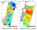 図1:2009年1月4日と1月11日に日本周辺域をALOS/PALSARのScanSARモードにより観測したデータから算出した海上風速分布図