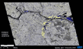 洪水前後の変化抽出のため、2008年5月5日の画像を赤、緑、2007年9月18日の画像を青に割り当てて3色合成画像を作成しました。セント・ジョン川、およびその支流周辺の青く浮き出ている領域が冠水した領域です。青色領域の周辺の黄色領域が浸水林を表しています