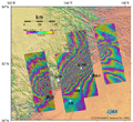 これまでに「だいち」によって観測された中国四川省大地震被災地域、地震前と地震後を比較した差分干渉画像(左から二つ目が今回平成20年6月6日(同年6月5日UTC)観測画像)。