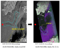 オイル漏れ災害PALSAR画像。左) ScanSAR画像、右) ポラリメトリカラー合成画像(赤：HH、緑：HV、青：VV)