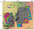 陸域観測技術衛星「だいち」(ALOS)搭載のLバンド合成開口レーダ(PALSAR；パルサー)による平成20年6月18日観測の中国四川省大地震被災地域、地震前と地震後を比較した差分干渉画像で、推定される断層の周辺図