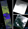 陸域観測技術衛星「だいち」観測最終画像。左図:パルサーの最終画像(チャド湖、取得日時：2011年4月22日6時29分頃(日本時間))、右上図：プリズムの最終画像(アラスカ南東部海上、取得日時：2011年4月22日5時21分頃(日本時間))、右下図:アブニール・ツー)の最終画像(アラスカ南東部海上、取得日時：2011年4月22日5時21分頃(日本時間))