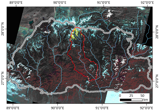 Figure 1: The pan-sharpended image covering Bhutan overlaid the glacial lakes inventory (yellow polygons), Mangde Chu sub-basin (red line) and the Bhutanese border (gray line).