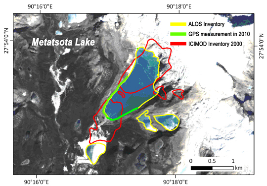 Figure 2: Detailed image over Metathota glacial lake (yellow polygons) with ground truth data by GPS measurements in 2010 (green line). The red polygons indicate existing inventory provided in 2000.