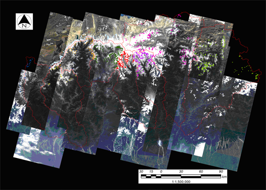 図1: ブータン全域のパンシャープン画像 (赤線：河川流域界) と公開する「氷河湖台帳」(カラープロット)