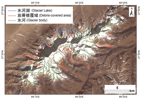 Figure 3: Example of delineated glaciers, debris-covered areas, and glacial lakes in a western part of Bhutan.