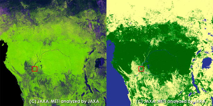 PALSARモザイク画像(10m分解能)コンゴ川周辺、左:モザイク画像、右:森林・非森林分類図