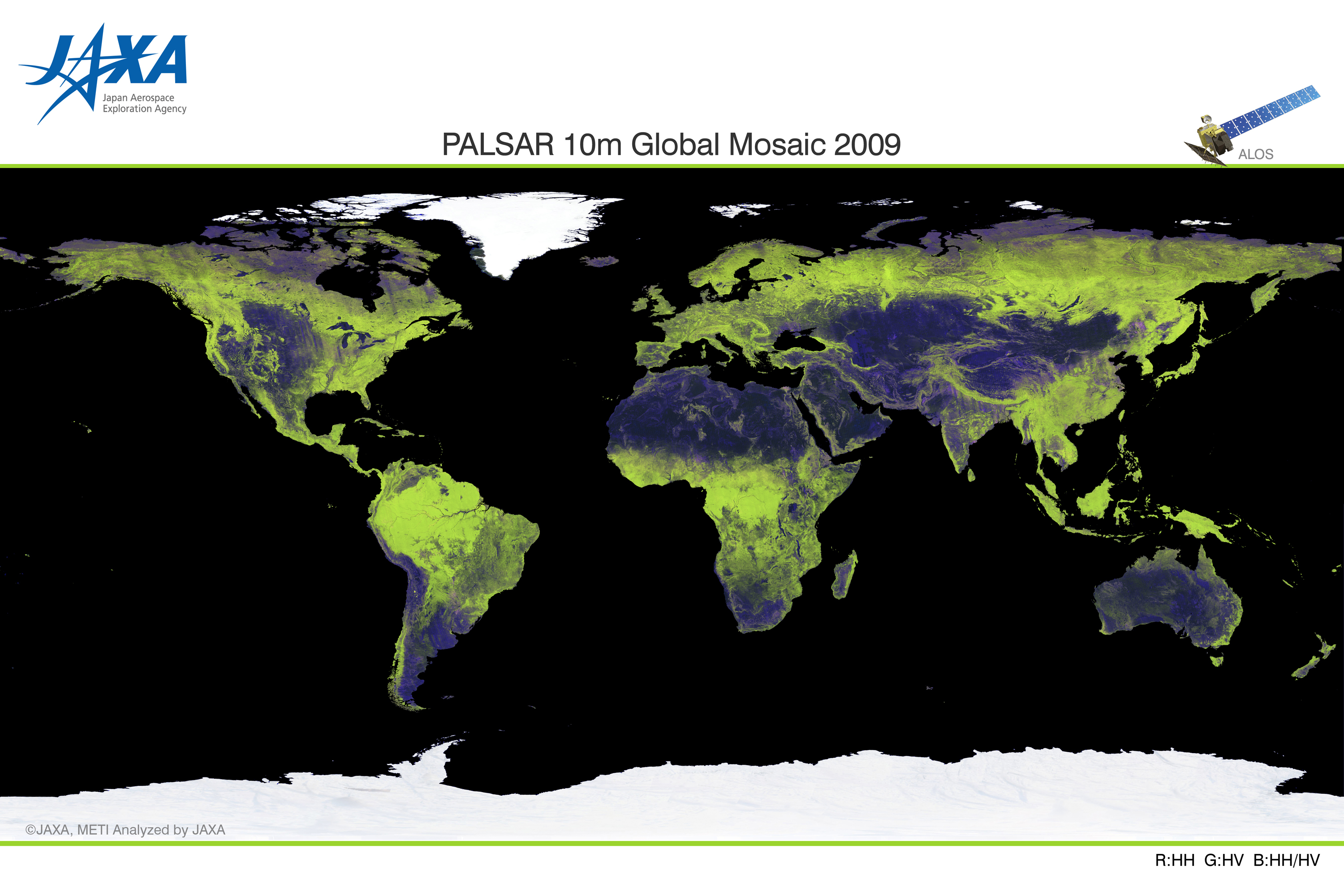 2009年の10m分解能の全球モザイク画像(PALSAR, FBD)