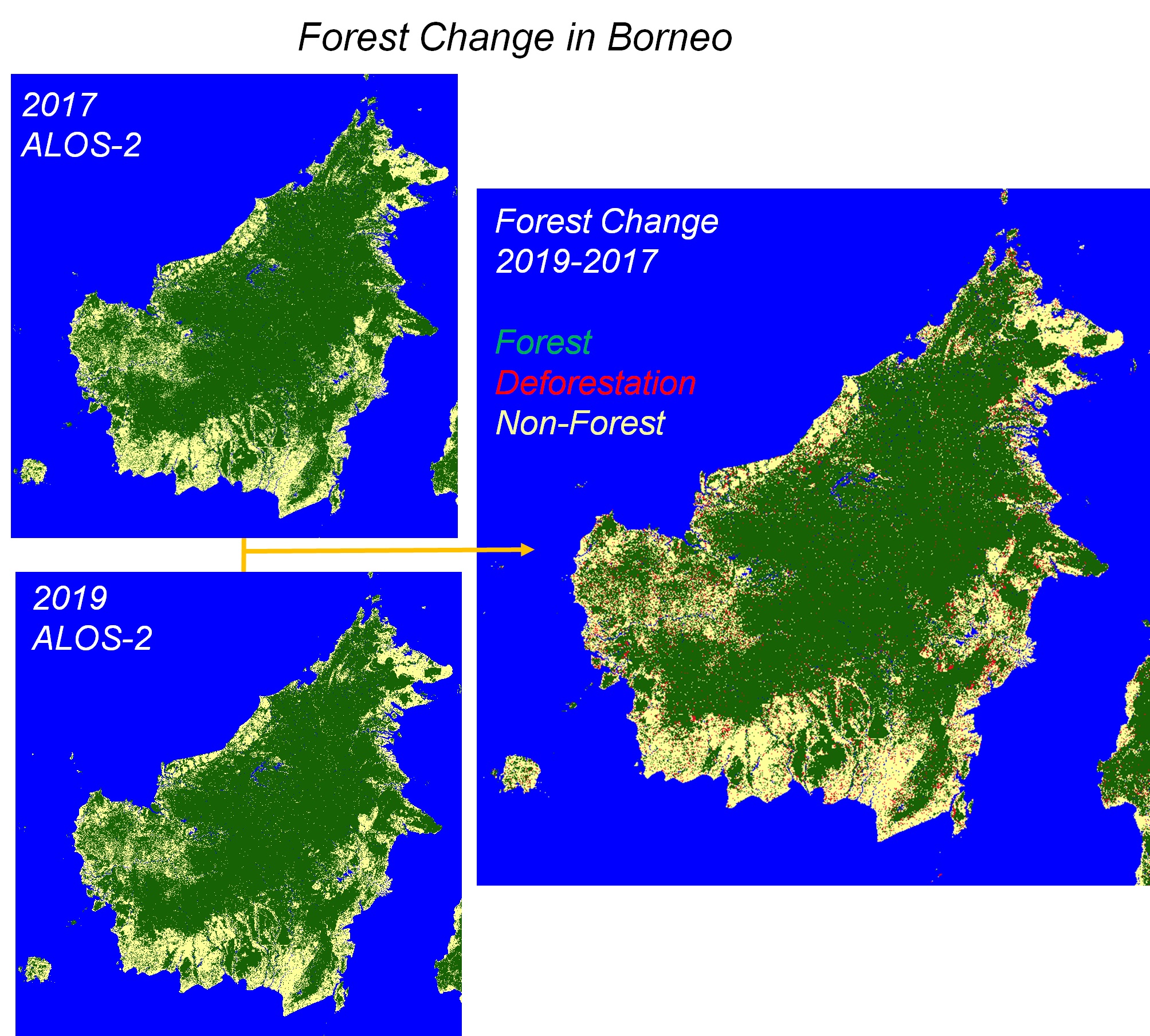図2: PALSAR-2/PALSARモザイク新森林・非森林マップによるボルネオ島において2017年から2019年の間に発生した森林減少（赤色で示す領域）