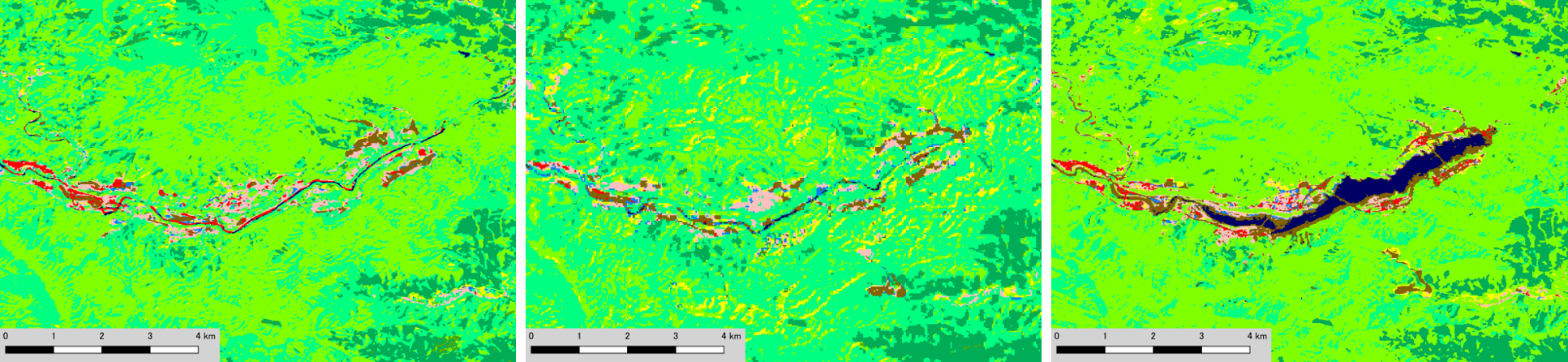 図3：八ッ場ダム周辺の土地被覆の変化(群馬県吾妻郡長野原町)。