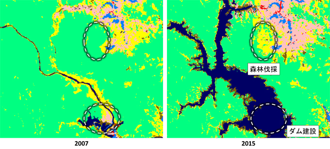 図3: 2007年の土地被覆図と2015年の土地被覆図の比較