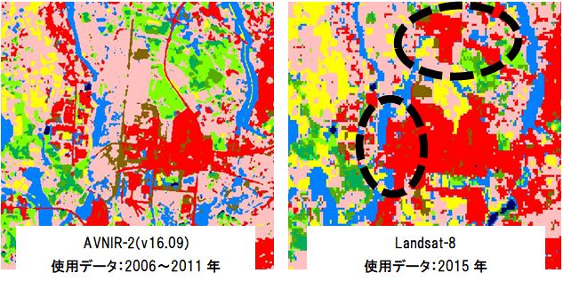 図2: AVNIR-2からの土地被覆の経年変化（つくば市研究学園地区）