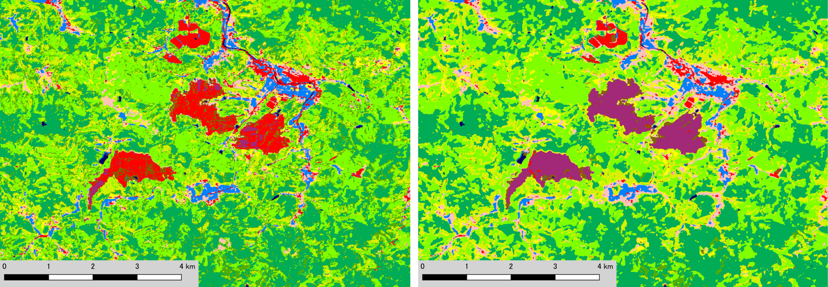 図2：v21.03(左)とv21.11(右)の比較例: 岡山県美作市の大規模メガソーラー。