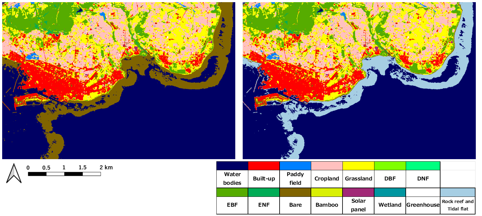 Figure 4: Comparison of 2022JPN_v23.12 (left) and 2022JPN_v25.04 (right): Ishigaki Island, Okinawa Prefecture.