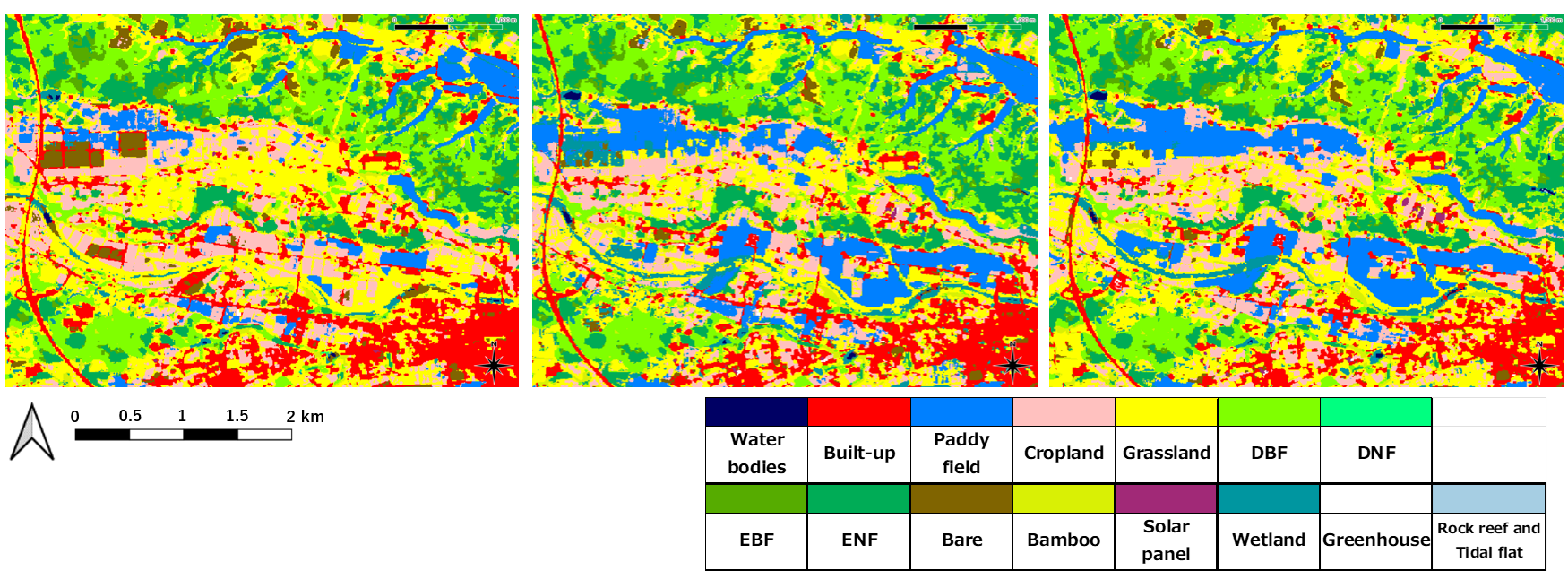 Figure 5: Comparison of 2020JPN_v25.04 (left), 2022JPN_v25.04 (center), and 2024JPN_v25.04 (right): Namie Town, Fukushima Prefecture.