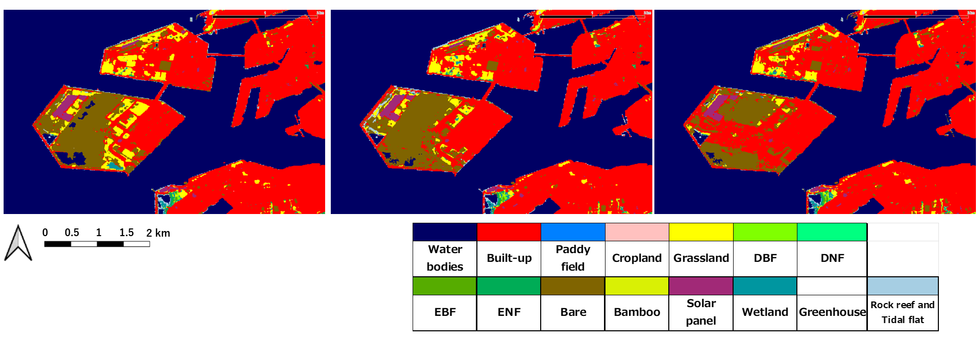Figure 6: Comparison of 2020JPN_v25.04 (left), 2022JPN_v25.04 (center) and 2024JPN_v25.04 (right): Yumeshima, Osaka City, Osaka Prefecture.