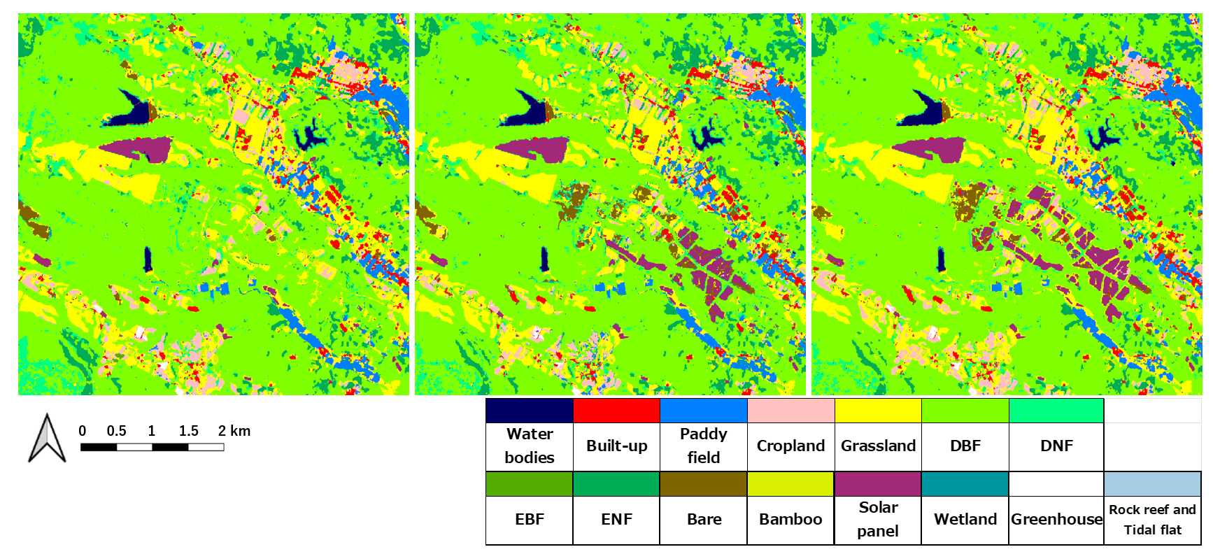 Figure 7: Comparison of 2020JPN_v25.04 (left), 2022JPN_v25.04 (center), and 2024JPN_v25.04 (right): Nishigo Village, Fukushima Prefecture.