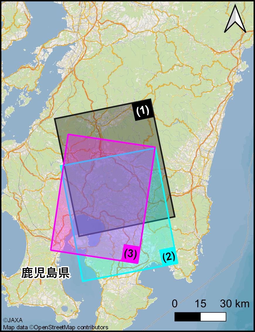 図1：「だいち2号」と「だいち４号」による2025年6月28日～7月9日の観測範囲（図中番号は表1と対応）。