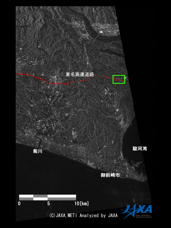 図1: PALSARが2009年8月14日に観測した御前崎市を含む画像。緑色枠内は図2の位置