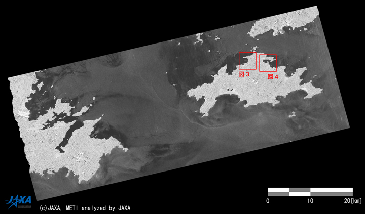 図2: 災害後のPALSAR画像(2010年1月2日観測)。