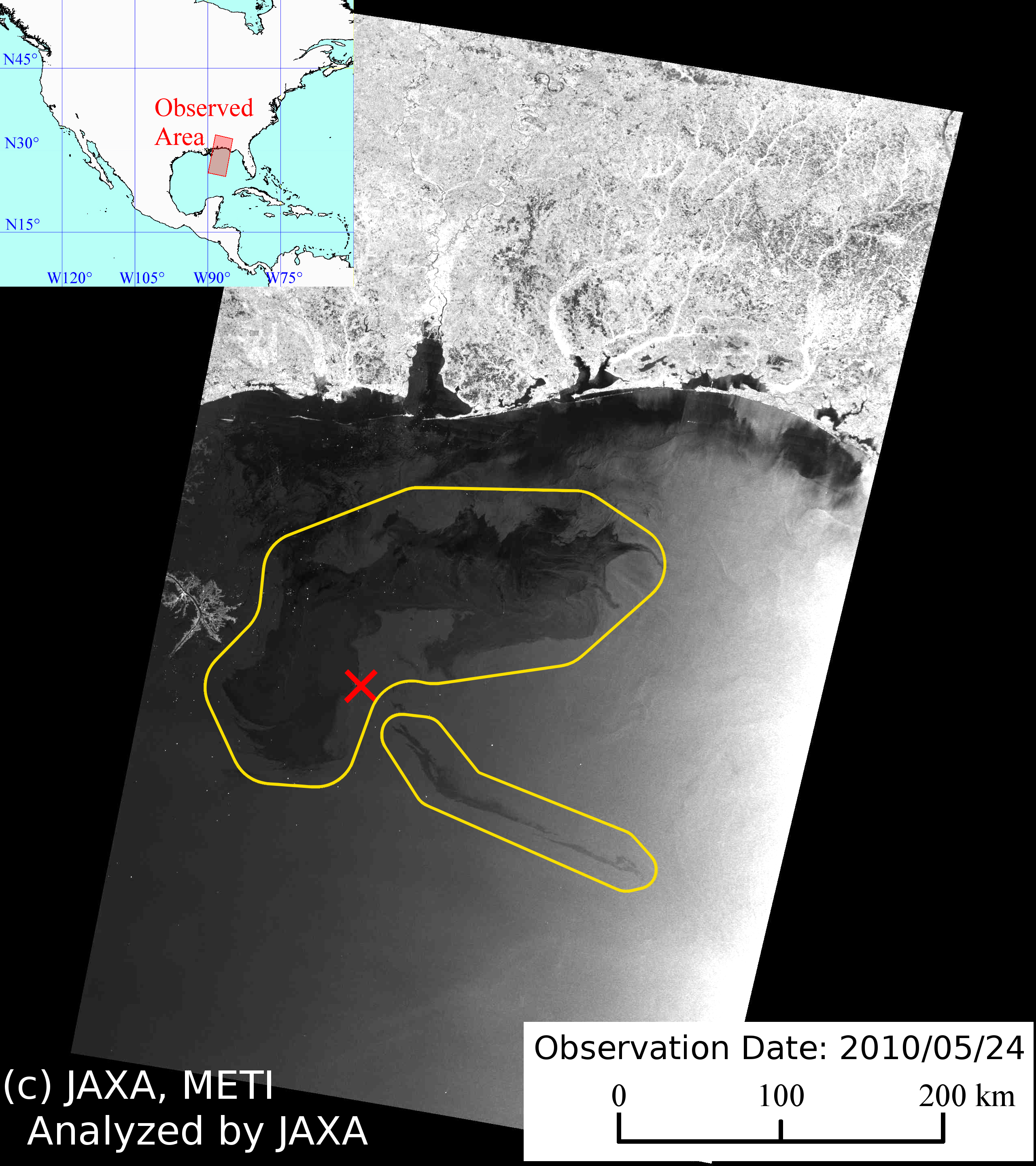図1: ALOS/PALSARで観測したメキシコ湾オイル流出状況。×印は新規海底油田の爆発地点を示す。
