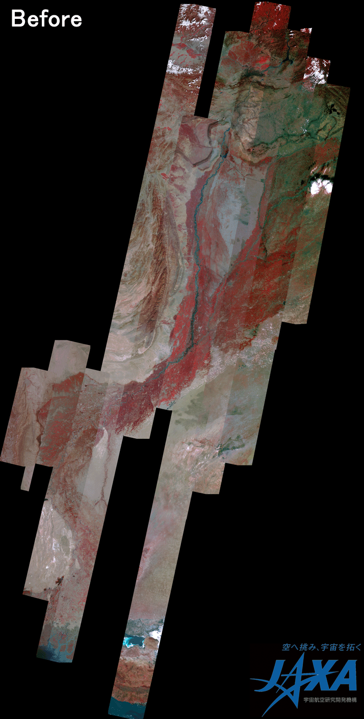 図2: 災害前後および冠水域抽出のインダス川流域アニメーション