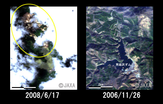 図2: 荒砥沢ダム北側の土砂崩れ(左:被災後、右:被災前)