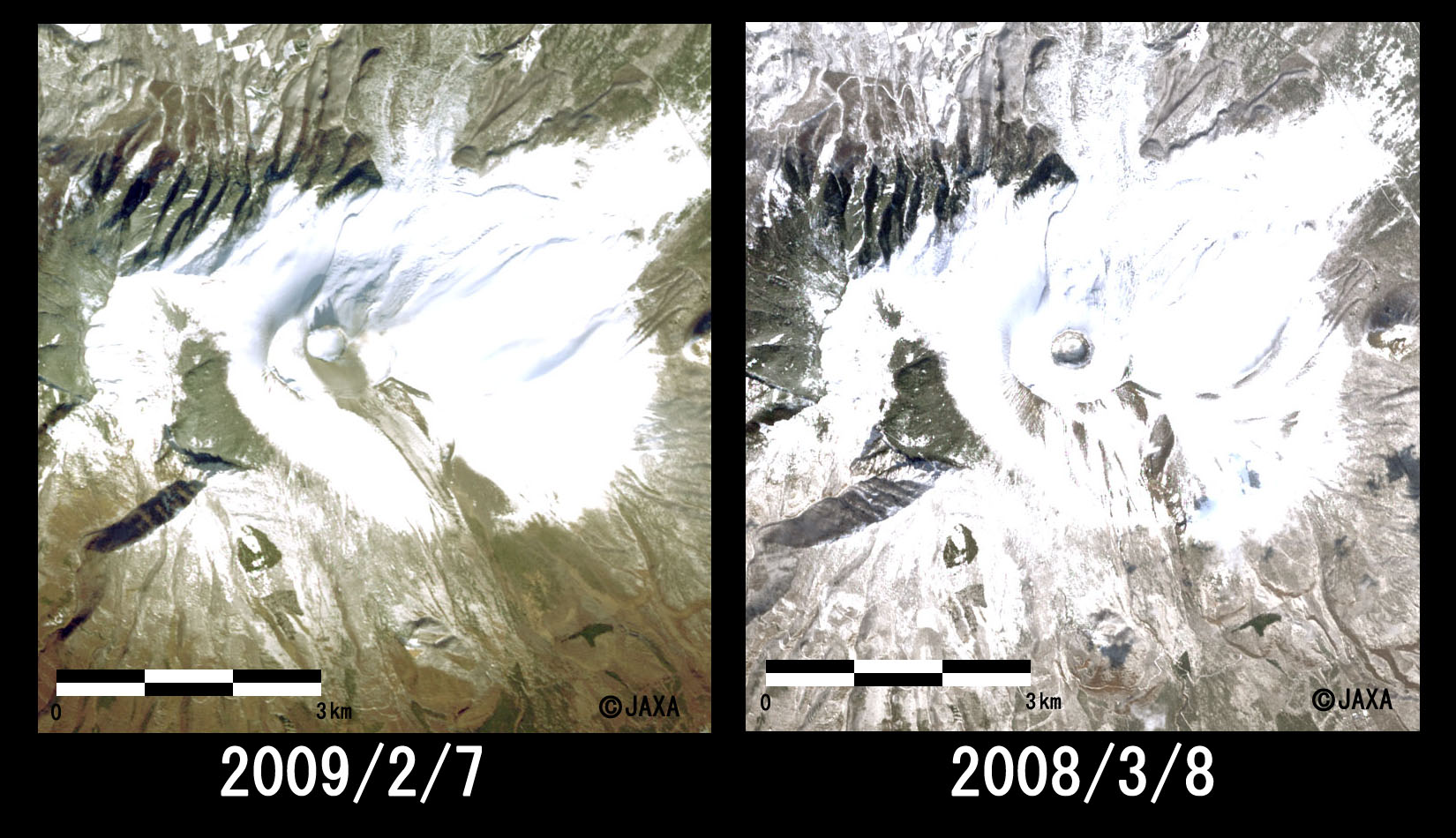 図2: 浅間山山頂付近の拡大(左: 噴火後、右: 噴火前)
