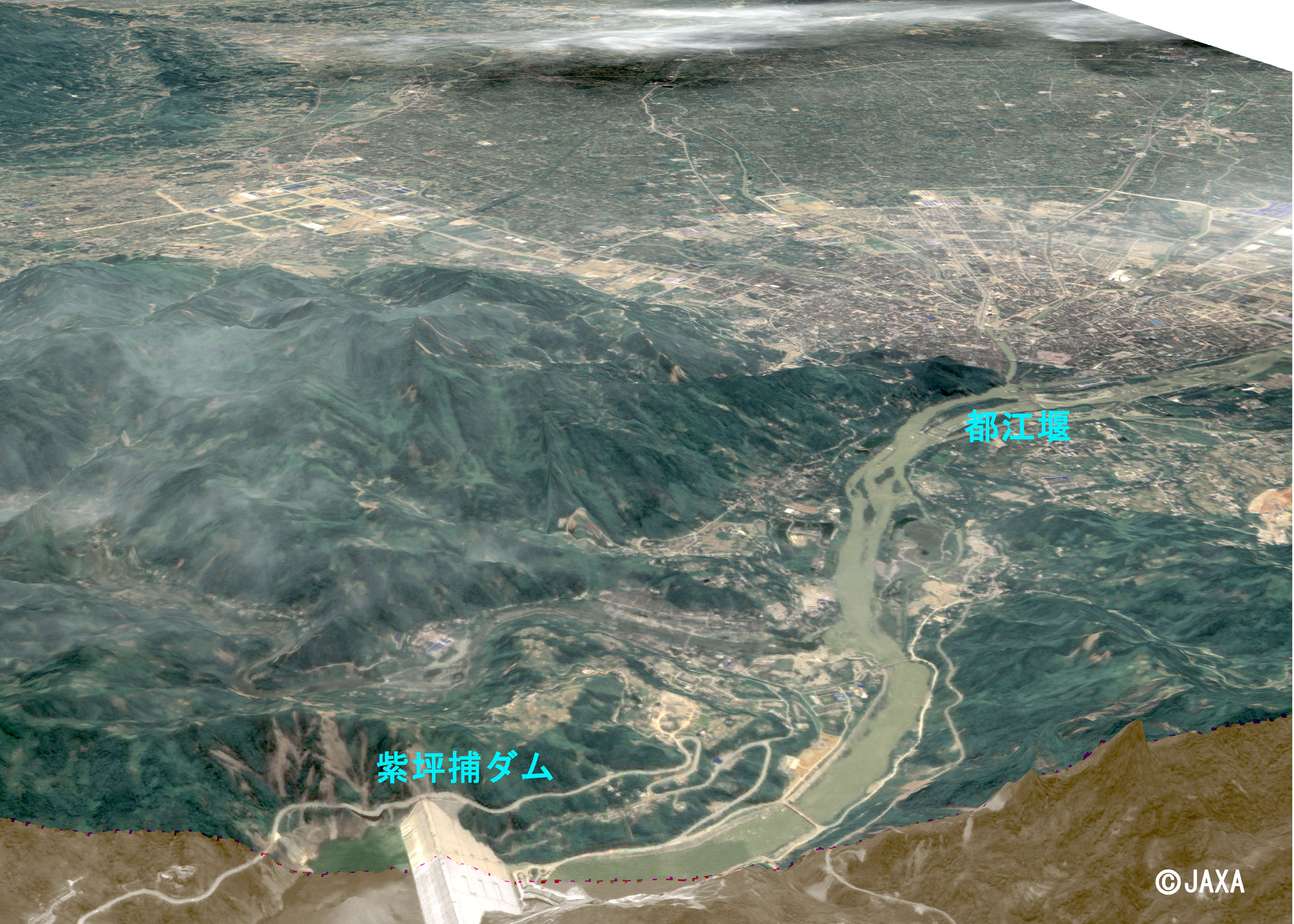 図2: 2008年6月4日(災害後)PRISM/AVNIR-2による都江堰付近の鳥瞰図