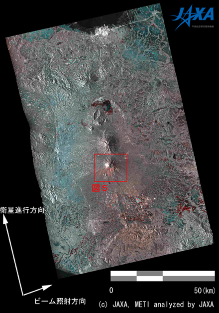 図4: 噴火前後の強度画像による差分抽出