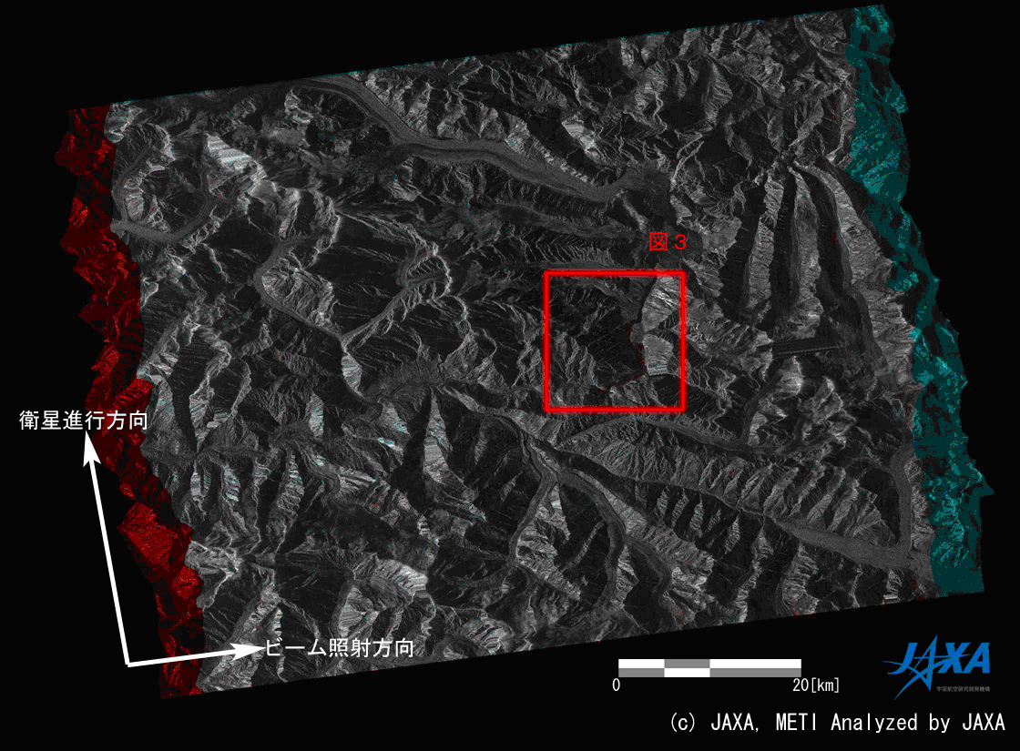 図2: 堰止湖形成前後のPALSAR変化抽出画像