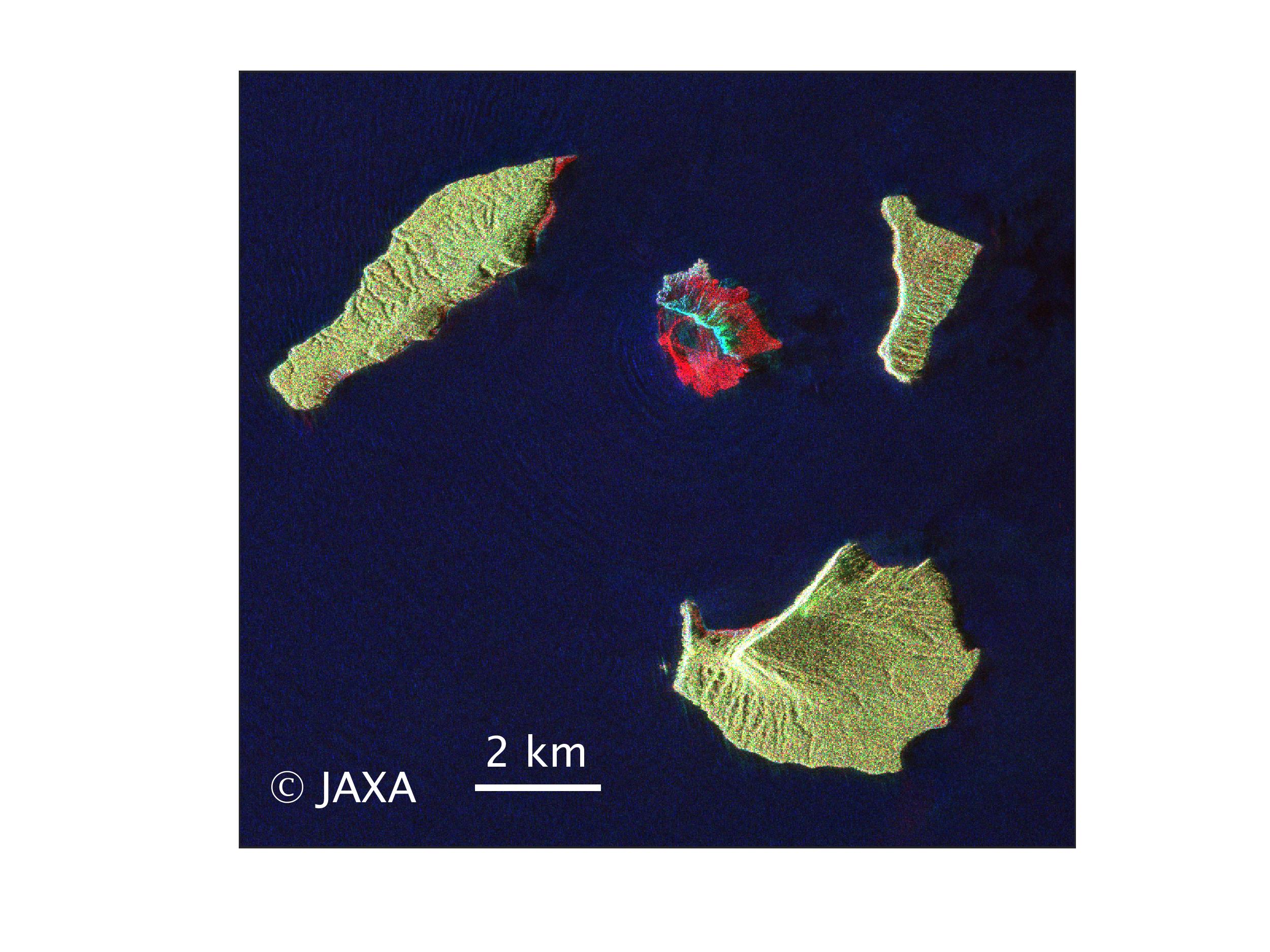 図3: 2018年8月20日と2018年12月24日の観測画像を組み合わせた偏波SARカラー画像
