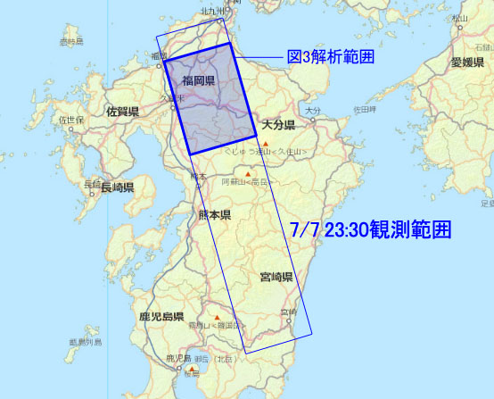 図1：「だいち2号」PALSAR-2の2020年7月7日23時30分頃の観測範囲