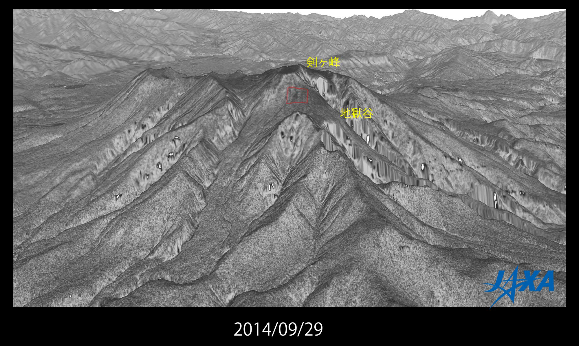 図4: 御嶽山山頂付近の噴火後 (2014年9月29日) の鳥瞰図