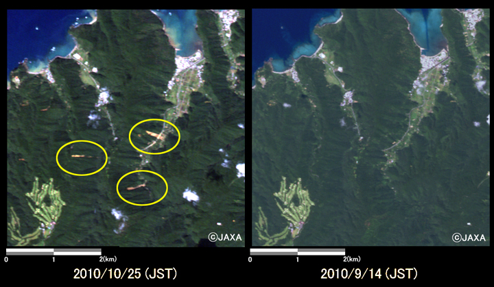 図2: 龍郷町秋名付近の様子 (それぞれ約5km×5kmのエリア)