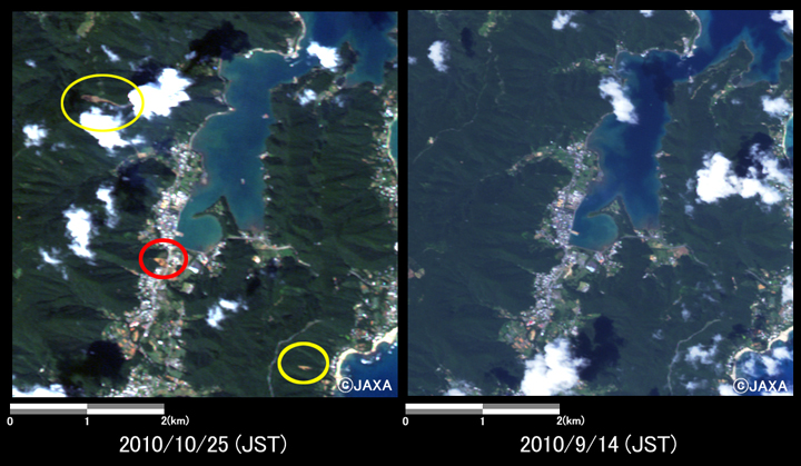 図3: 龍郷町役場付近の様子 (それぞれ約5km×5kmのエリア)