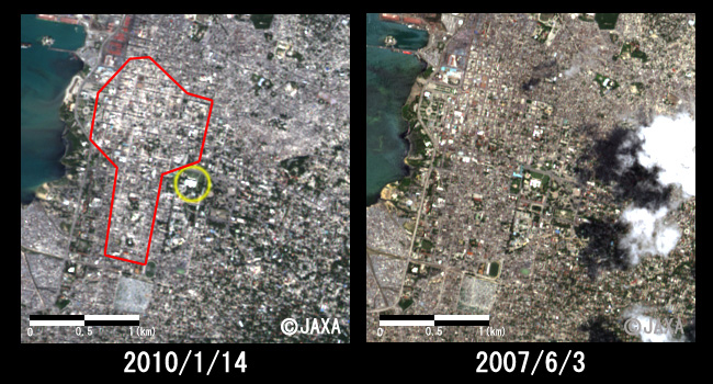 図3: ハイチ大統領宮殿(黄色丸)付近の拡大(それぞれ約3km×3km)