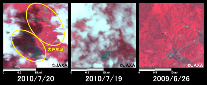 図3: 土石流の発生した西城町大戸地区の拡大(それぞれ2km四方)