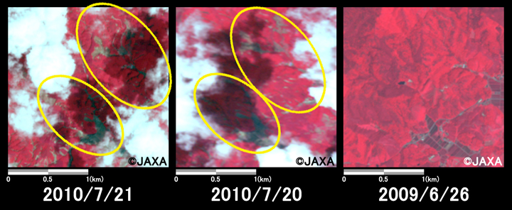 図3: 土石流の発生した西城町の拡大(それぞれ2km四方)