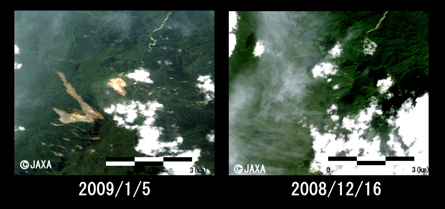 図2: 土砂崩れ発生箇所付近の拡大図(左：2009年1月5日, 右：2008年12月16日観測)